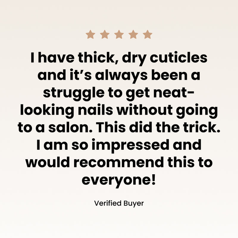 A glowing five-star testimonial praises the LONDONTOWN Fresh Glow Cuticle Remover as the perfect solution for thick, dry cuticles. Customers highly recommend it for transforming overgrown cuticles into ones that are healthy and hydrated.