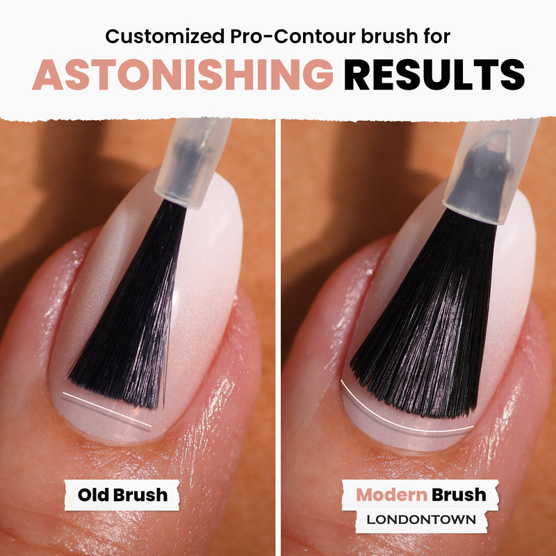 Comparison of two nail polish brushes: Left shows the "Old Brush" with uneven bristles, while right displays LONDONTOWN's "Modern Brush," offering smooth, even bristles for ideal application of shades like Rose Latte or pink beige.