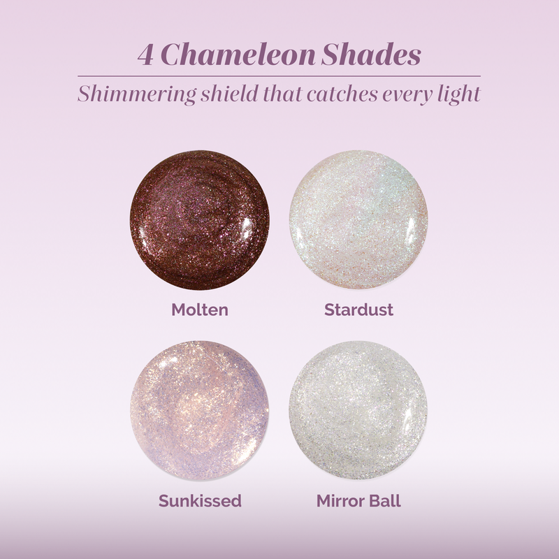 Four round nail polish swatches on a light pink gradient background, labeled Molten, Stardust, Sunkissed, and Mirror Ball. Each features a shimmering finish. Shimmering Nail Highlighter - Mirror Ball by LONDONTOWN stands out with its reflective effect.