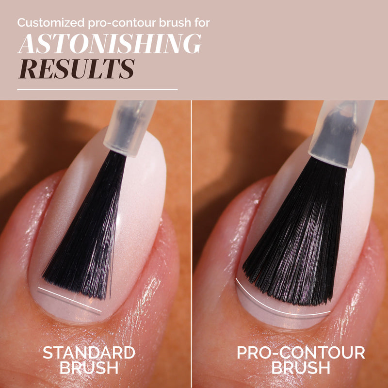 A close-up of two fingernails compares a standard brush and a pro-contour brush applying LONDONTOWN’s Midnight Mocha polish, highlighting the difference in brush shape and coverage.