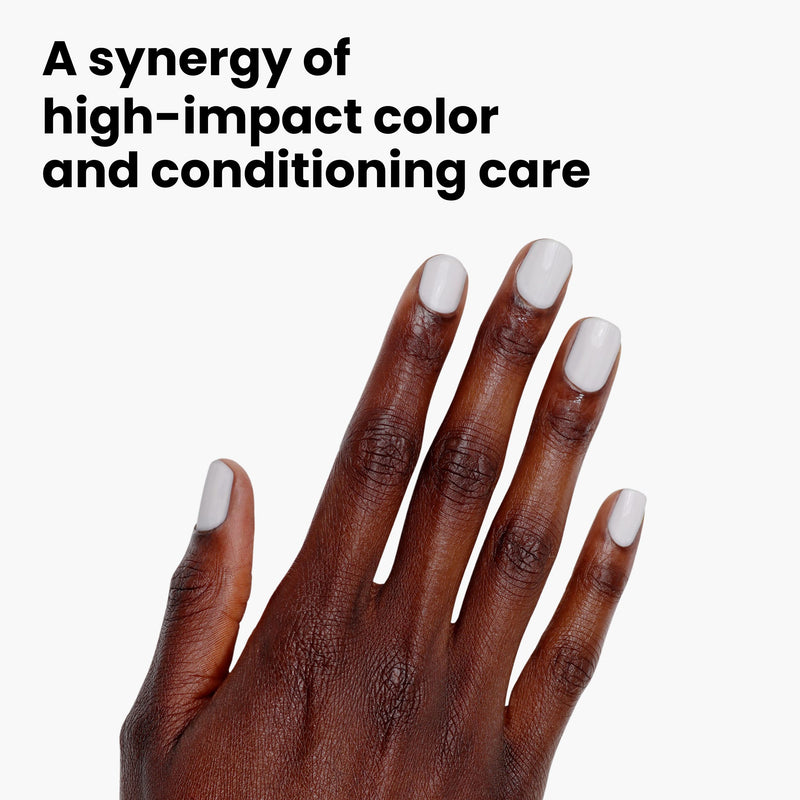 A hand showcases LONDONTOWN's London Fog nail polish against a crisp white background, with the text "A synergy of high-impact color and conditioning care.