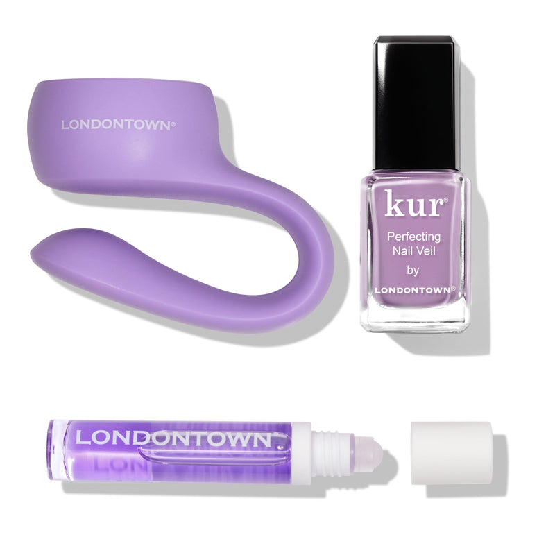 Explore the LONDONTOWN Violet Vibes Trio, which includes sheer purple hues: a nail care tool, kur Perfecting Nail Veil, and a nourishing nail serum. Achieve elegance in just 5 minutes.
