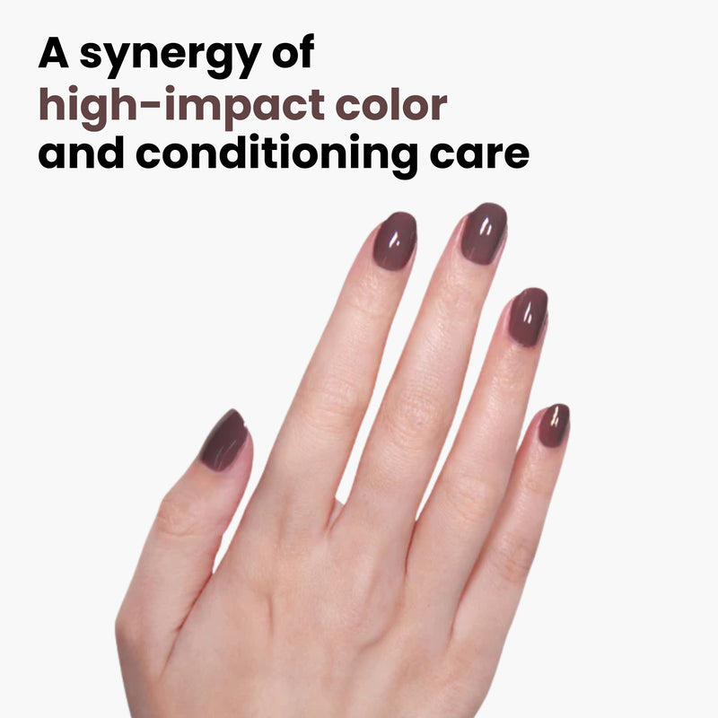 A hand with glossy, dark brown nail polish is shown against a white background, highlighting LONDONTOWN's Natural Charm. This vegan, cruelty-free formula offers high-impact color and conditioning care with our exclusive Florium Complex.
