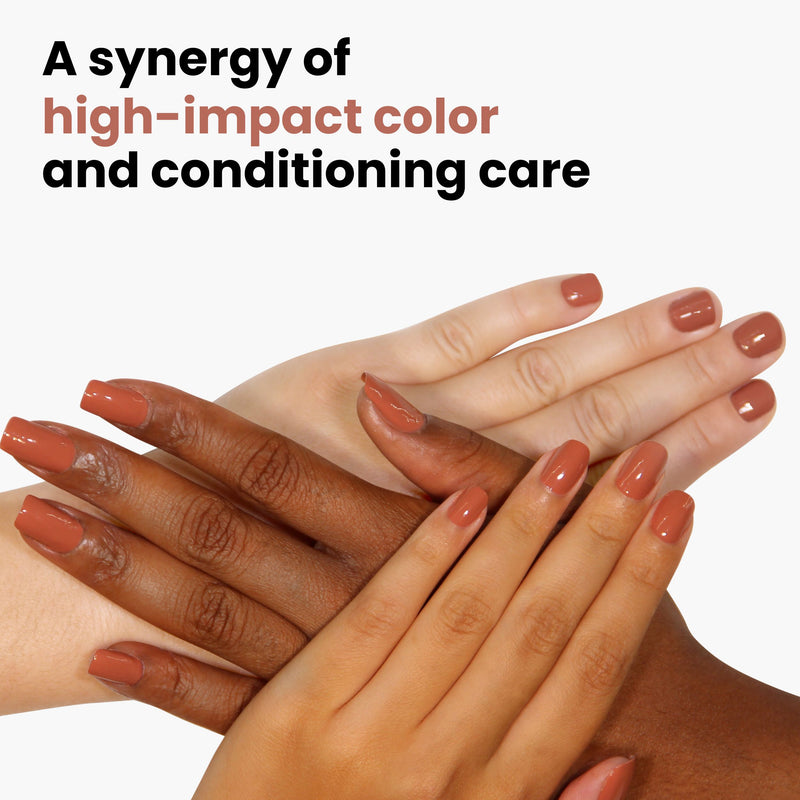 Four hands with Pecan Pie tawny milk chocolate nail polish from LONDONTOWN overlap against a white background. Text reads, "A synergy of high-impact color and conditioning care." Explore the vegan, cruelty-free excellence of LONDONTOWN polishes.