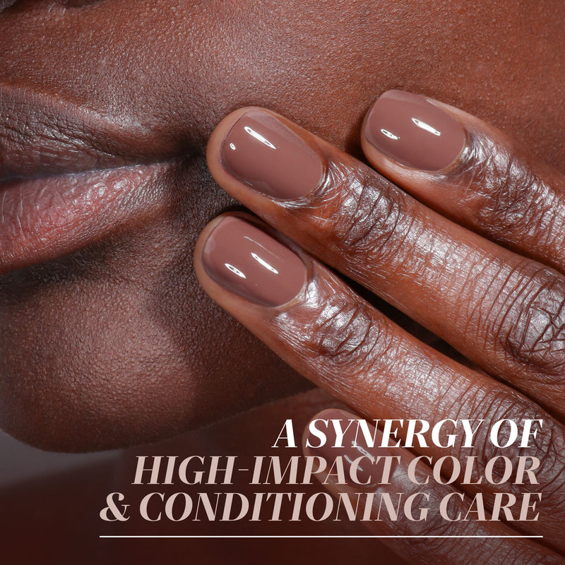 A close-up of a hand with LONDONTOWN’s Dirty Chai spiced brown nail polish touching the lips, with text: "A synergy of high-impact color & conditioning care.