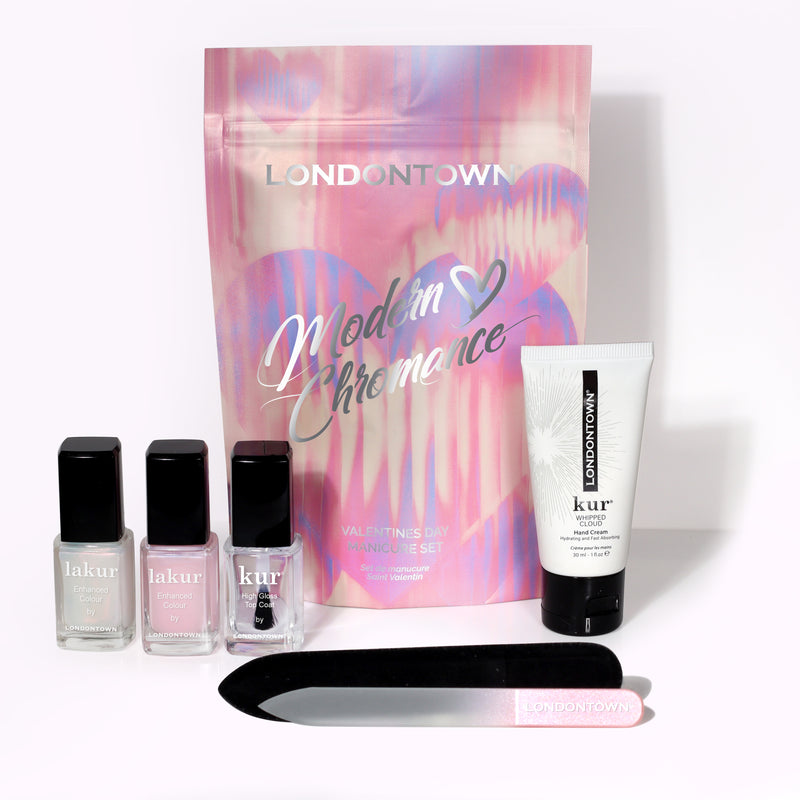 The LONDONTOWN Modern Chromance Valentine’s Day Set includes three nail polishes (pink glazed shade), a nail file, hand cream, and pink pouch—everything you need for self-care this Valentine’s Day.