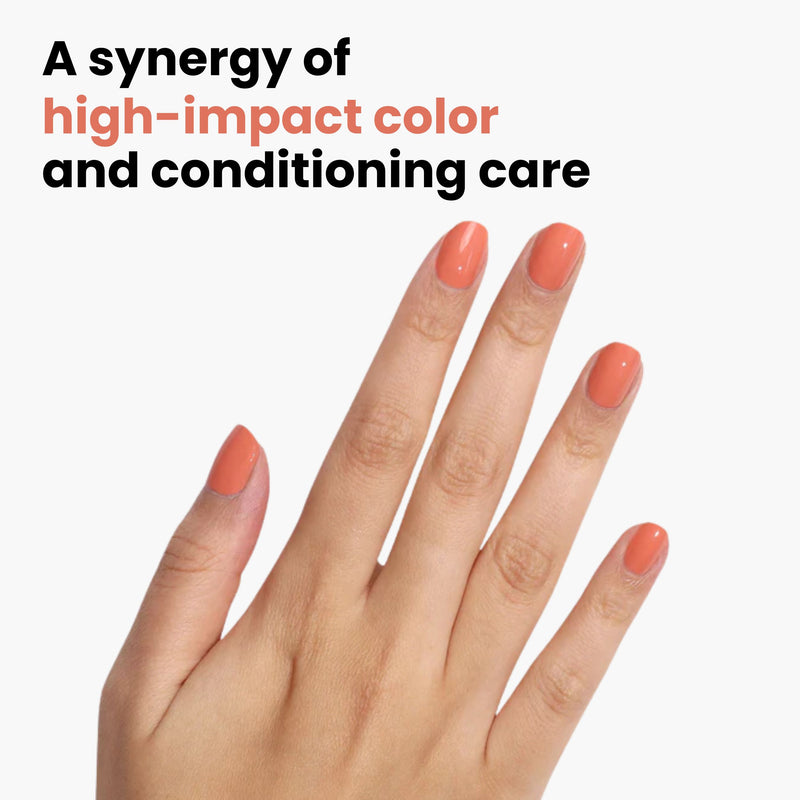 A hand with LONDONTOWN's Pressed Petals terracotta pink nails against a white background. Text reads: "A synergy of high-impact color and conditioning care.