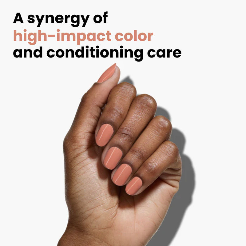 A hand with short, manicured nails painted in a muted matte peach color is displayed against a white background. The text reads: "Savanna by LONDONTOWN: a perfect blend of vivid color and nourishing care.