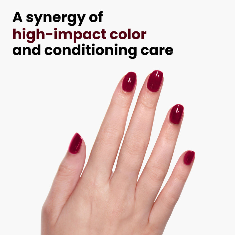 A hand with LONDONTOWN's Guarded Jewel glossy red nail polish against a white background. Text reads: "A synergy of high-impact color and conditioning care, enhanced with Florium Complex.