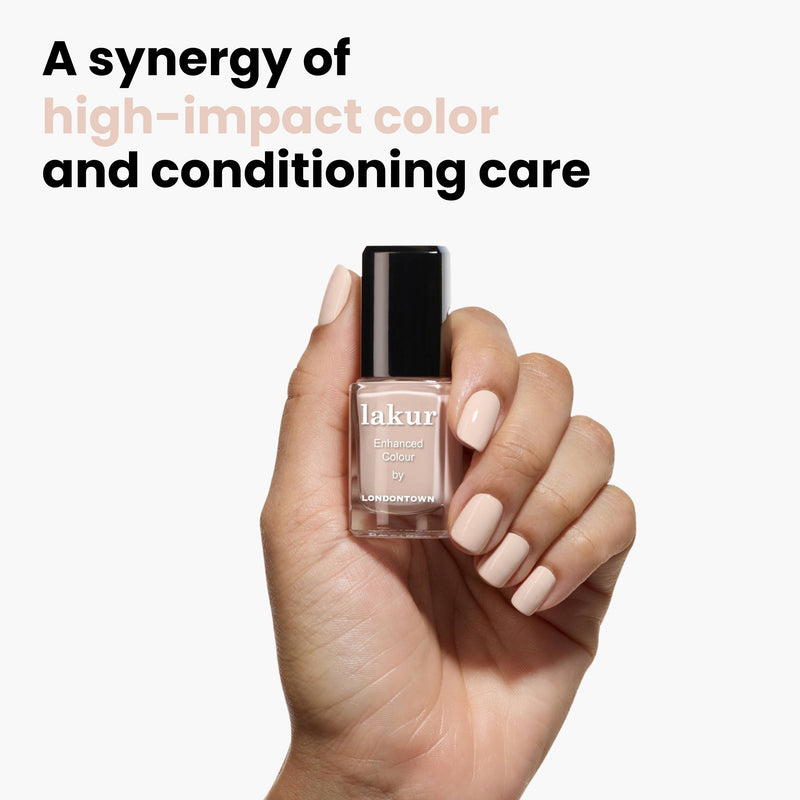 A hand holds a bottle of LONDONTOWN's Linen nail polish. Text reads, "A synergy of high-impact color and natural conditioning care.