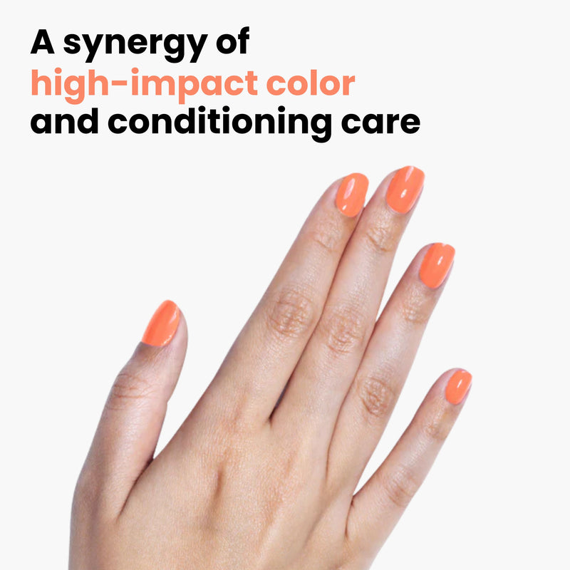 A hand with vibrant orange LONDONTOWN nail polish in shade Paloma is shown against a white background. The text reads, "A synergy of high-impact color and conditioning care," reminiscent of a sunlit California peach.