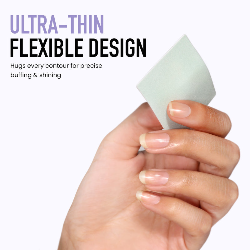A hand holds a LONDONTOWN Smooth & Shine Buffer Pad; text reads: "Ultra-thin flexible design hugs every contour for precise buffing and effortless, polish-free shine.