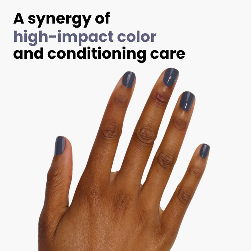A hand with cashmere gray nail polish by LONDONTOWN is set against a white background. Text reads: "Secret to Happiness—a synergy of high-impact color and conditioning care.