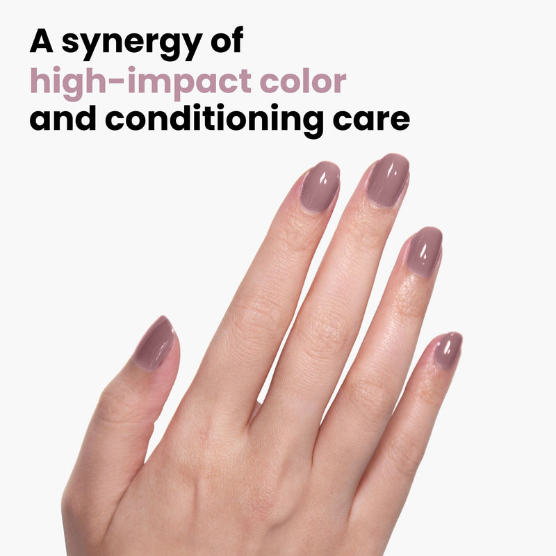 A hand with manicured nails in a romantic dusty pink, captioned: "Bell Flower by LONDONTOWN combines high-impact color with conditioning care.