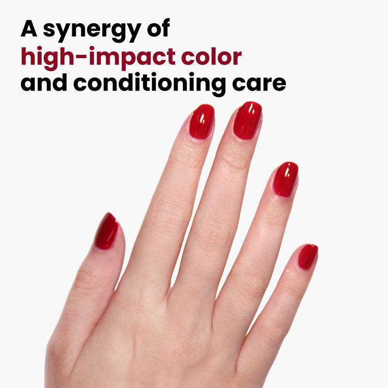A hand with glossy red crème nails against a white background is shown alongside text promoting the "Ring Me" vegan nail polish and conditioning care by LONDONTOWN.