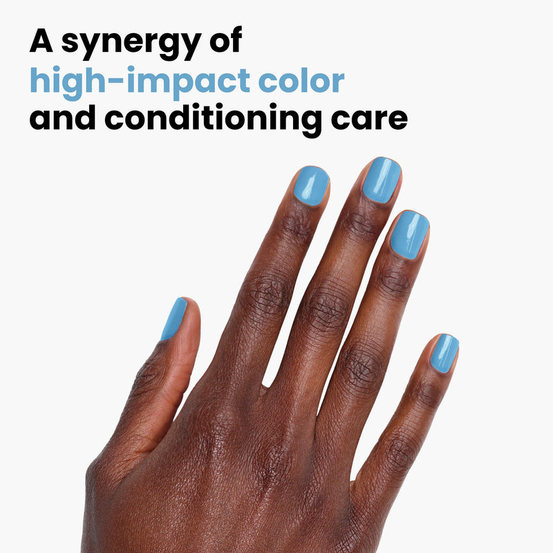 A hand with Hot Spring blue nails against a white background displays the text: "A synergy of high-impact color and conditioning care." Brand: LONDONTOWN.