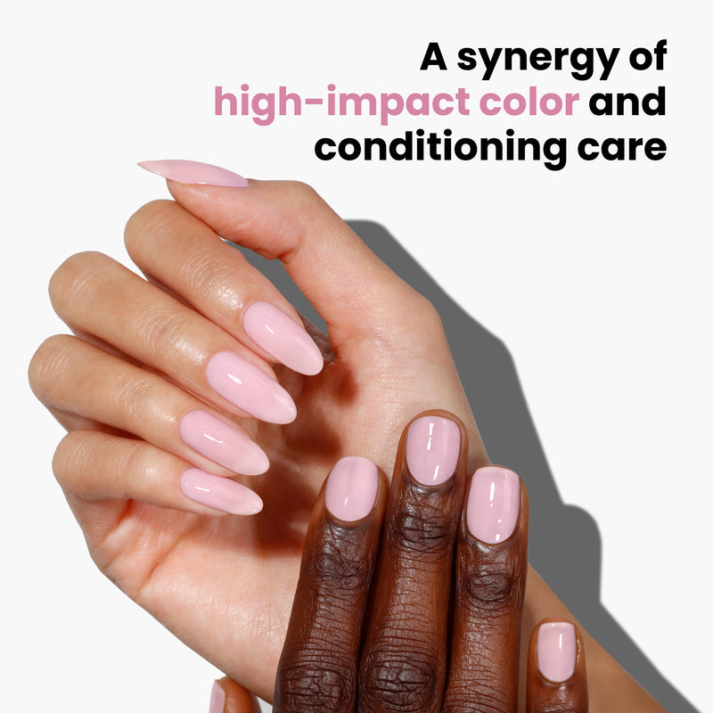 Four hands with glossy Magnolia Haze nails displayed against a plain backdrop, highlighting diverse skin tones. Text reads: "LONDONTOWN's synergy of high-impact color and conditioning care.