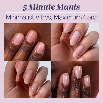 Collage of neatly manicured fingernails in a minimalist, natural style on diverse skin tones, featuring LONDONTOWN's One-Step Hero Minis under the text "5 Minute Manis: Minimalist Vibes, Maximum Care.
