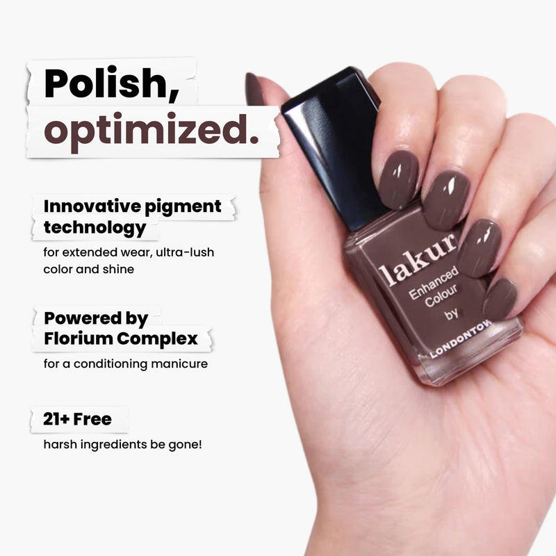 A hand holds a bottle of LONDONTOWN's "Teak" nail polish. The text highlights its innovative pigment technology, nourishing Florium Complex, and a vegan, cruelty-free formula that's "21+ Free" of harsh ingredients.