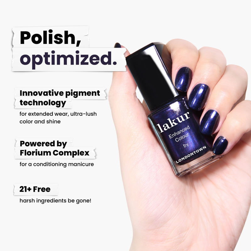 A hand holds a bottle of LONDONTOWN's Black Thorn nail polish against text highlighting its innovative pigment technology, Florium Complex, and formula that's 21+ free of harsh ingredients. This vegan, cruelty-free shade is chic and planet-friendly.
