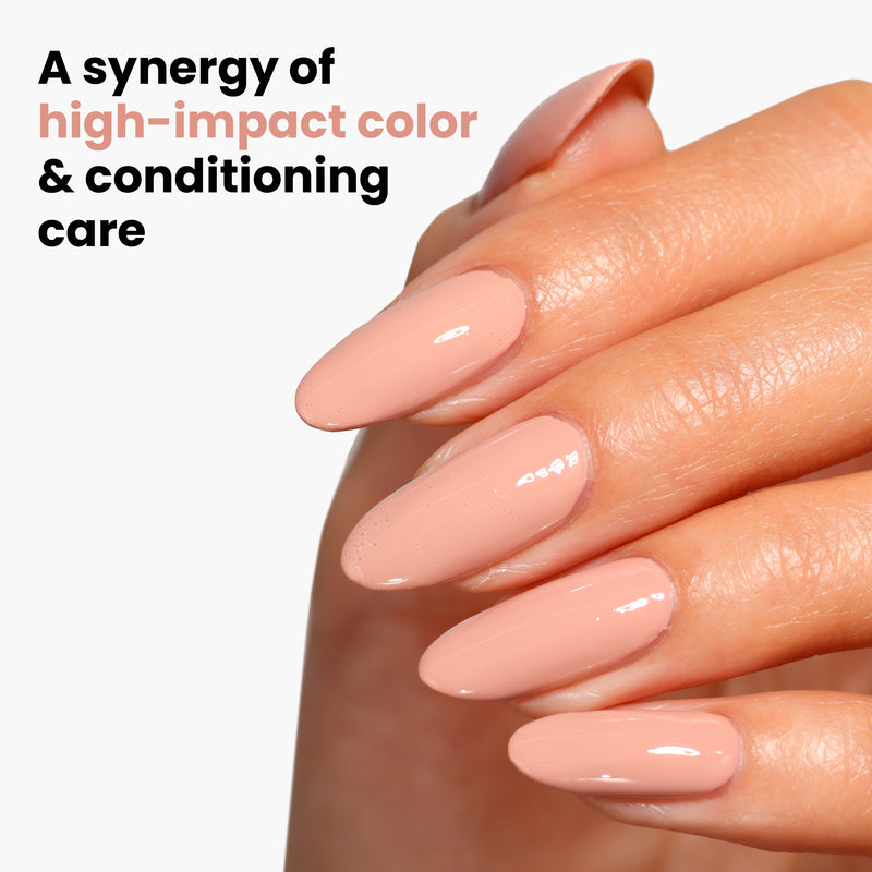 A close-up of a hand with long, glossy nails in "Rose Latte" by LONDONTOWN. Text: "A synergy of high-impact color & conditioning care" on a white background.