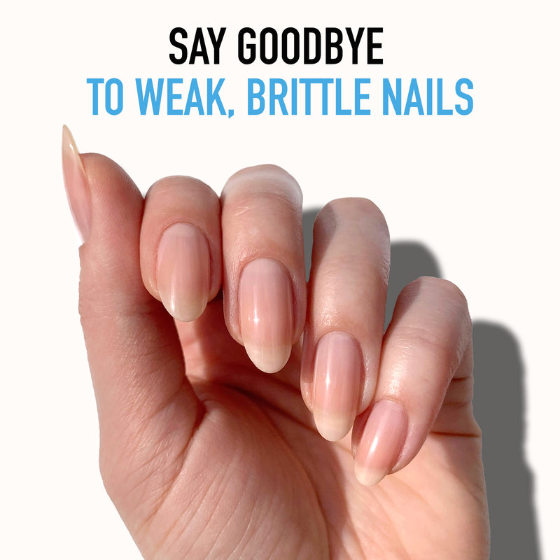A hand with long, healthy natural nails is held up against a plain background with the text "Strengthen & Repair Trio by LONDONTOWN: Say goodbye to weak, brittle nails" above it.