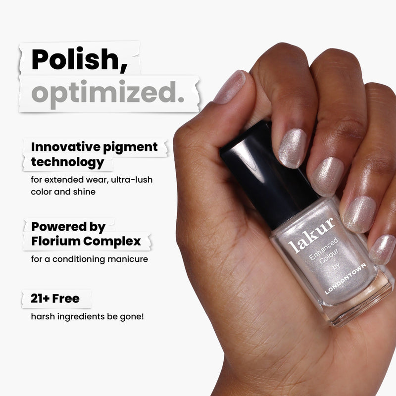 A hand holds a bottle of LONDONTOWN's "Coconut Crush" silver nail polish. It features innovative pigment technology and a Florium Complex while being free from 21+ harsh ingredients, dazzling with ultrafine glitter for an elegant, shimmering allure.