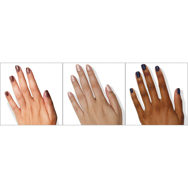 Three hands in varied skin tones showcase LONDONTOWN's Moonlit Botanica Mini lakur trio: brown glitter, nude, and dark blue polish—each color featured on a separate hand.