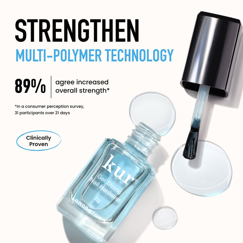 A bottle of LONDONTOWN’s Strengthen & Repair Trio with an open cap and brush, highlighting “Strengthen Multi-Polymer Technology” and “89% agree increased nail strength for brittle nails.”.