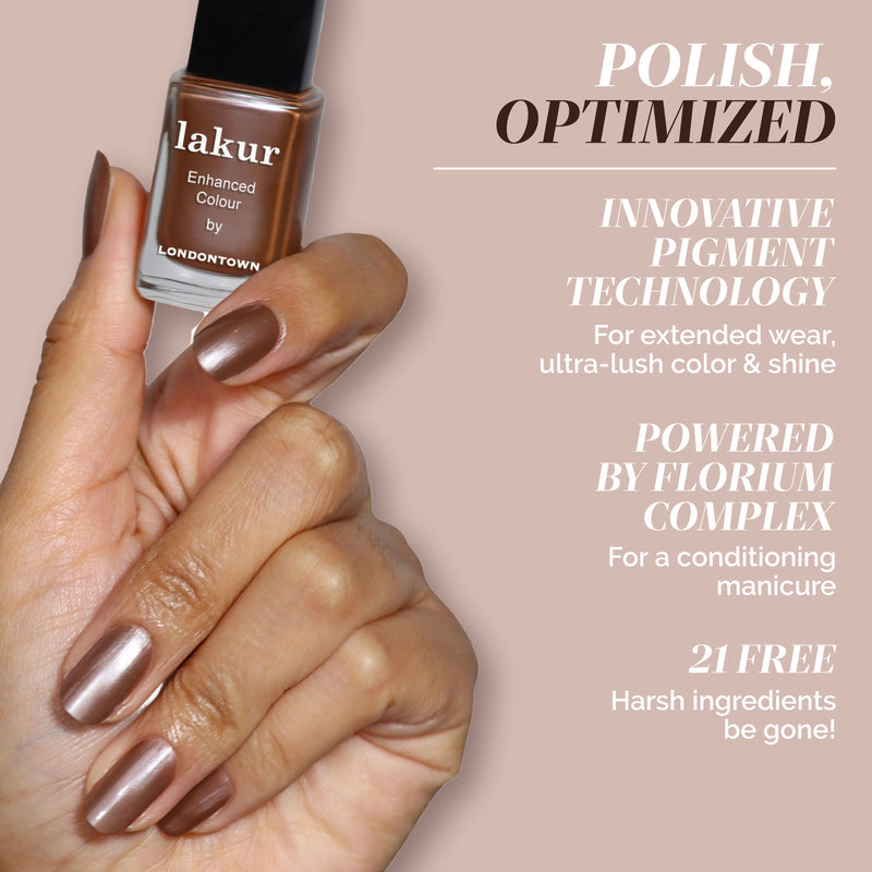 A hand with neatly manicured nails painted in LONDONTOWN’s Affogato— a shimmering metallic brown—holds the lakur polish bottle, while the right side displays the product's key features and benefits.