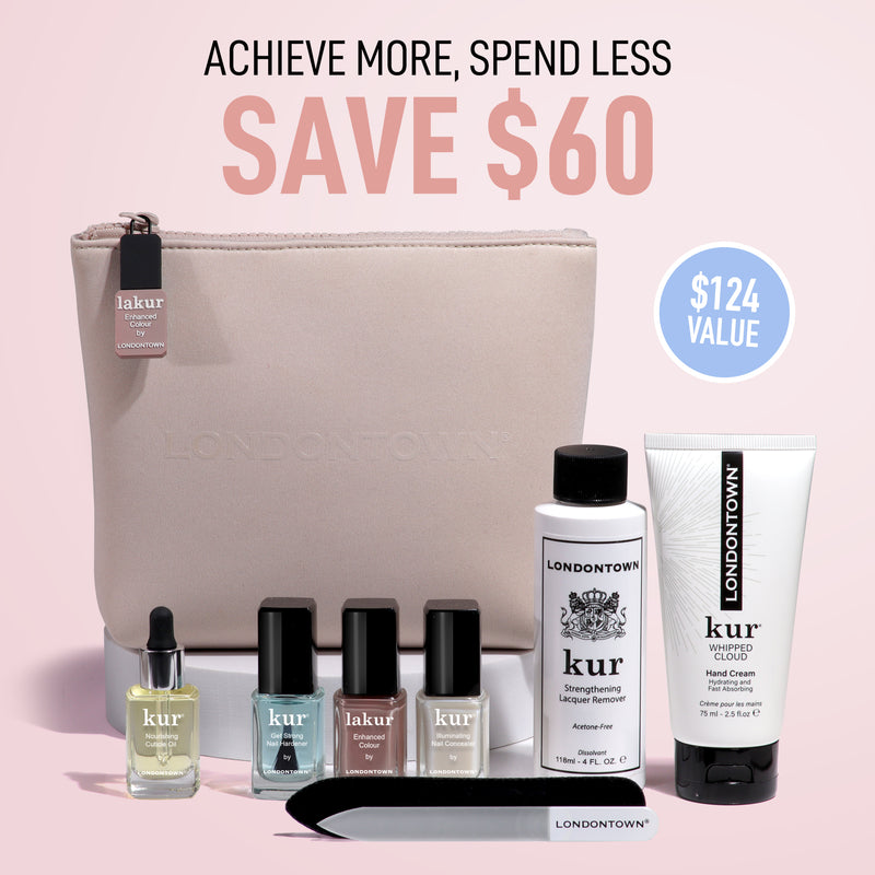 The Londontown Discovery Set 2.0 by LONDONTOWN includes nail polishes, a nail hardener, hand cream, and a nail file in a cosmetic bag. Save $60 on this $124 value—a perfect bundle for flawless hands and nails.