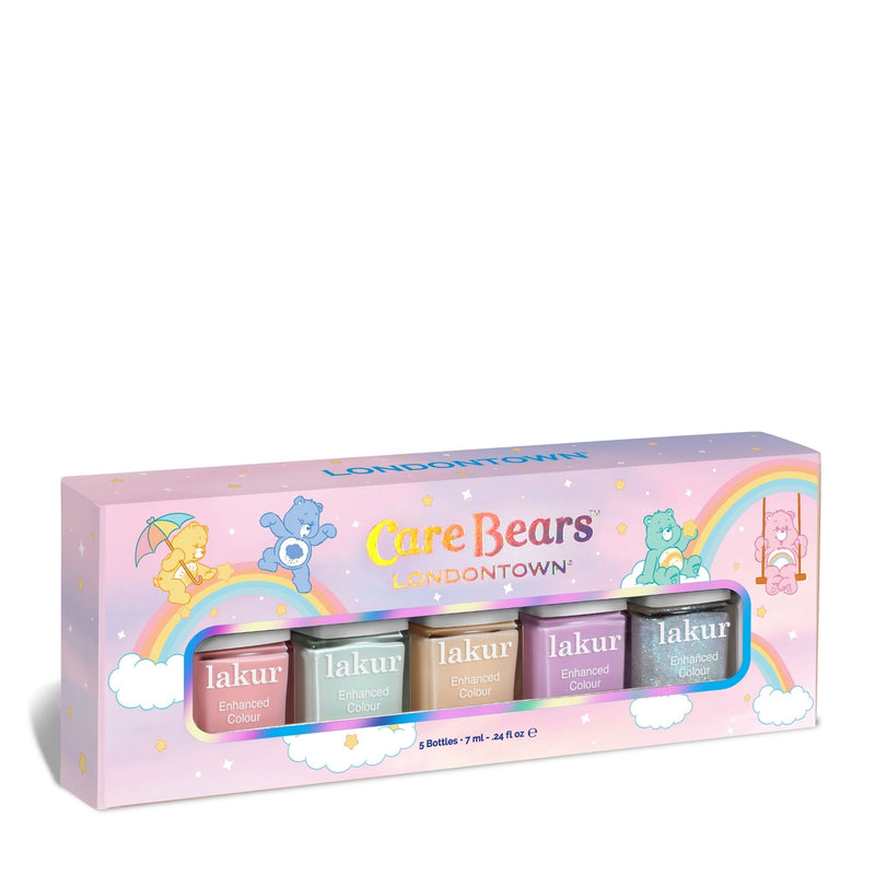 The Beary Polished Mini Set by LONDONTOWN is a collectible box of five pastel minis, each with Care Bears and rainbow-themed packaging, perfect for fans seeking charming nail polish shades.