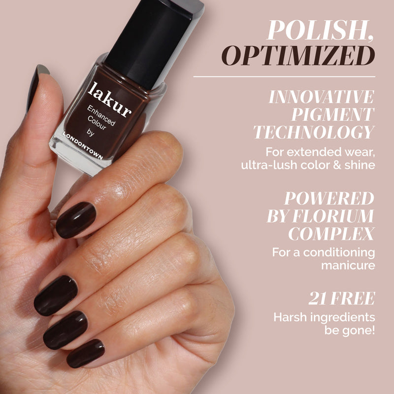 A hand with rich, espresso-brown polished nails holds a bottle of LONDONTOWN’s Midnight Mocha Lakur nail polish; text notes pigment technology, conditioning complex, and a 21-free formula.