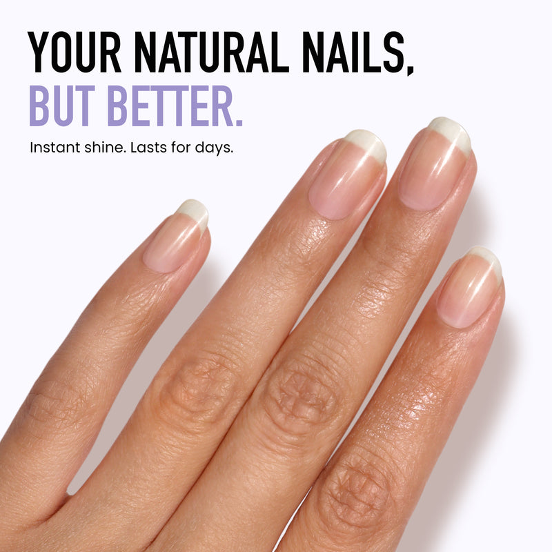 A close-up of a hand with shiny, well-groomed natural nails. Text: "LONDONTOWN Smooth & Shine Buffer Pads—your natural nails, instantly buffed and polished without polish. Lasts for days.