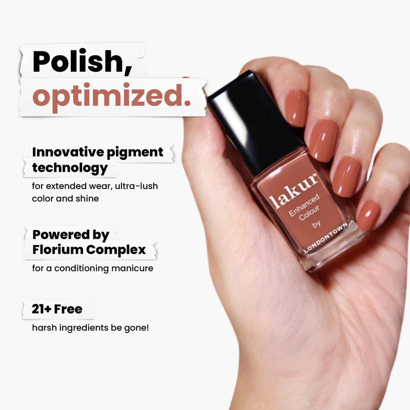 A hand holds a bottle of rich tawny milk chocolate LONDONTOWN Lakur nail polish named Pecan Pie, highlighting its innovative pigment technology and Florium Complex. It's part of the Londontown collection, vegan, cruelty-free, and 21+ free of harsh ingredients.