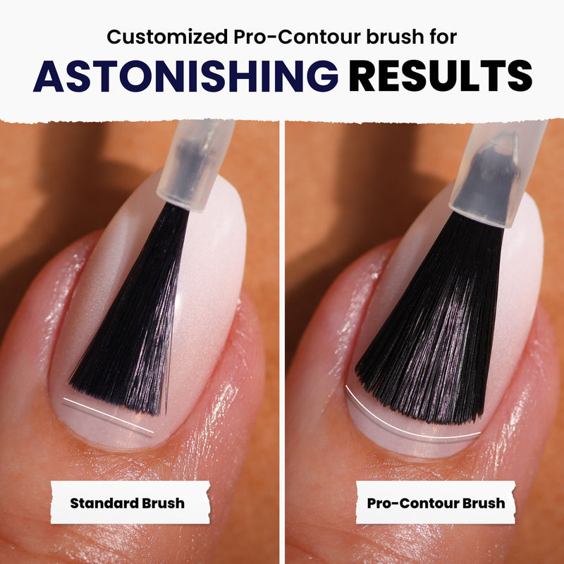 Close-up of two nails being painted: one with LONDONTOWN's Buckingham Blue using a standard brush and one with a pro-contour brush, highlighting the difference in application precision for astonishing results.