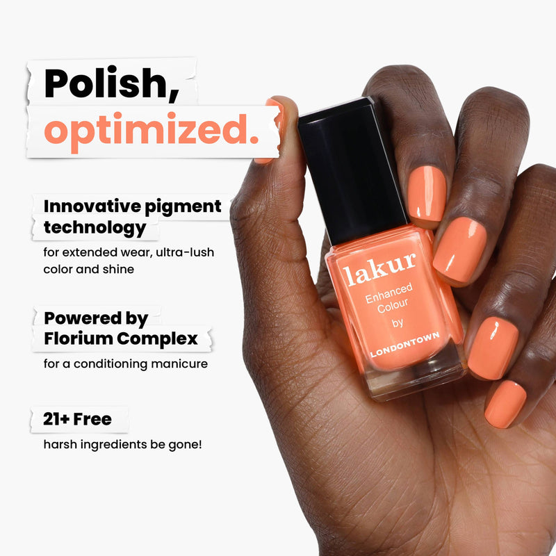 A hand holds a LONDONTOWN "Paloma" nail polish bottle, showcasing a vibrant California peach hue. Text highlights its innovative pigment technology, Florium Complex, and its formula free from 21+ harsh ingredients.
