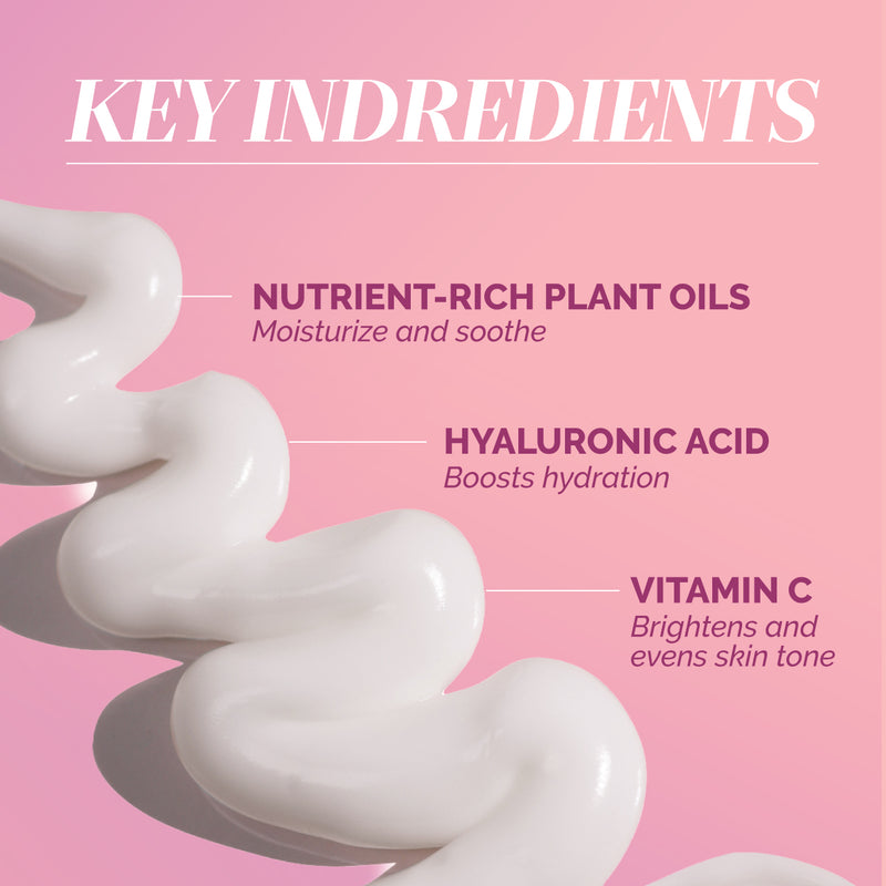 The Modern Chromance Valentine’s Day Set by LONDONTOWN is shown with a white cream smear on pink glaze and labeled with three key ingredients—plant oils, hyaluronic acid, and vitamin C—for glowing, nourished skin.