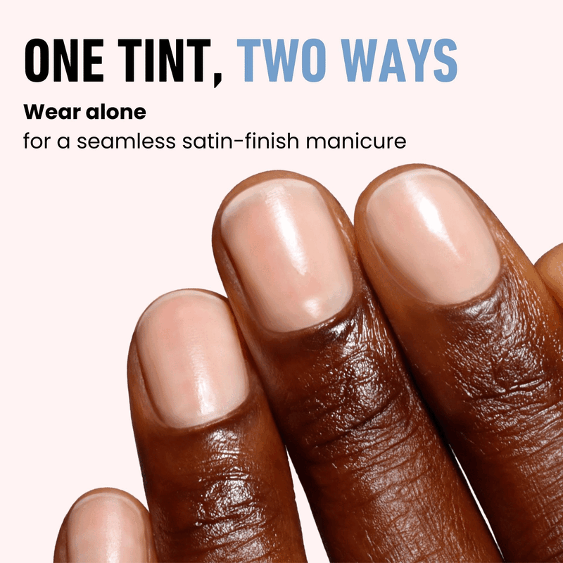 Close-up of manicured nails with a satin finish. Text: "One Tint, Two Ways. Use LONDONTOWN's Tinted Fortifying Ridge Filler in Apricot Beige for a seamless look that effortlessly smooths ridges.