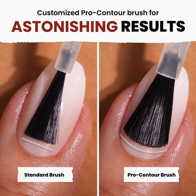 A side-by-side comparison of a standard brush and LONDONTOWN's Woodstock pro-contour brush on nails, showcasing how Woodstock's wider bristle spread provides a sophisticated application, especially with rich red-brown shades.