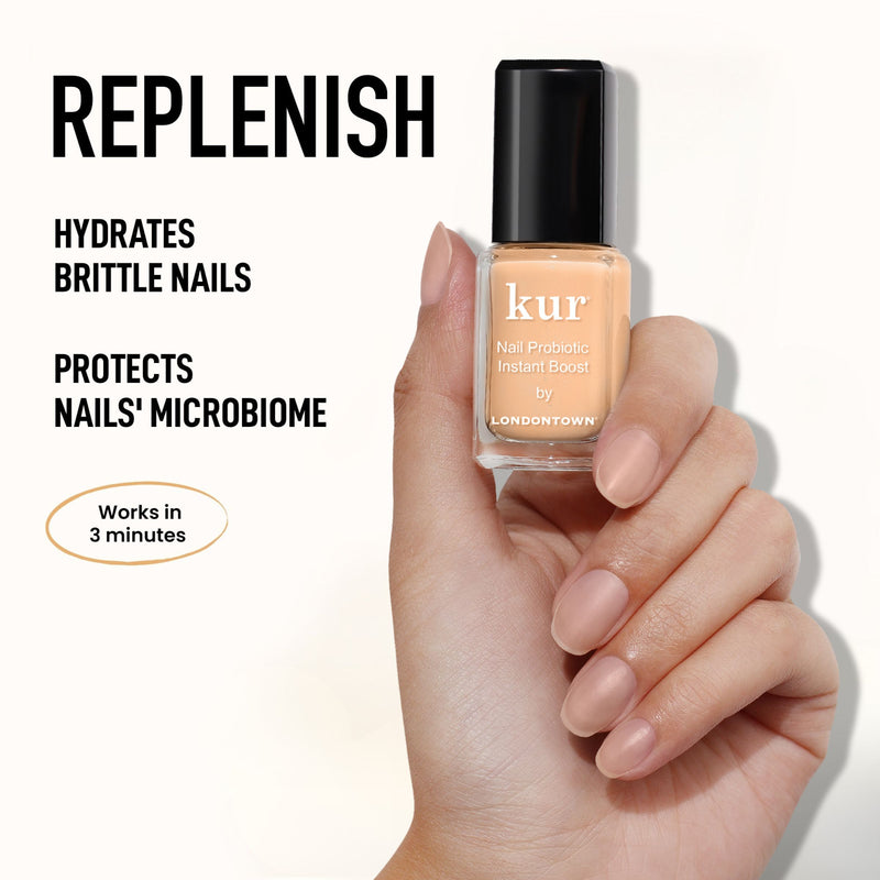 A hand holds LONDONTOWN's Strengthen & Repair Trio; text highlights hydrating and protective benefits for brittle nails, promoting stronger nails in just 3 minutes.