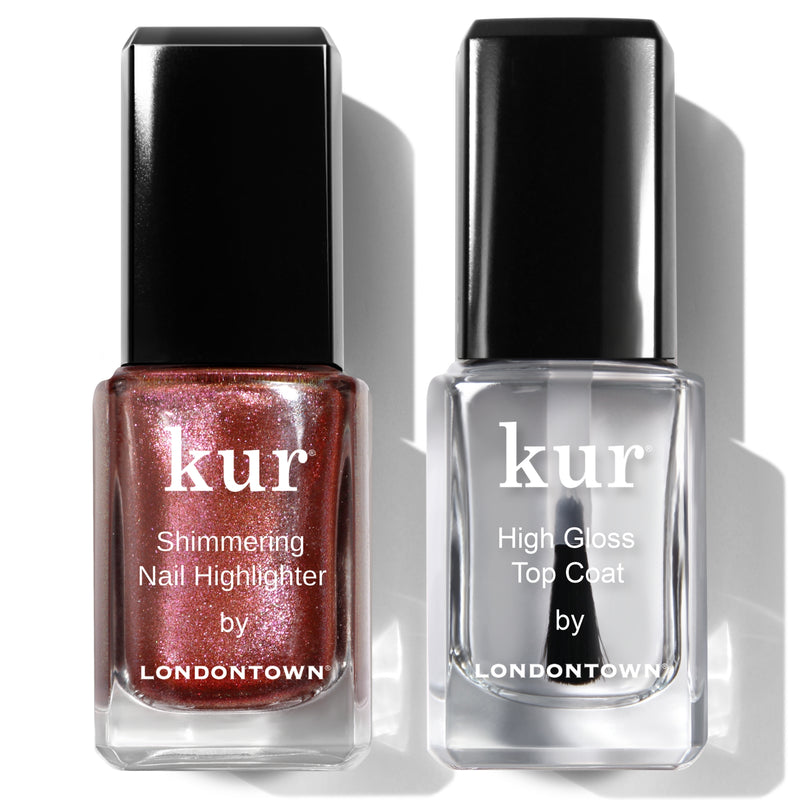 Two LONDONTOWN nail products from The Runway Edit: a shimmering nail highlighter on the left and a high gloss top coat on the right, both featuring "kur" branding.