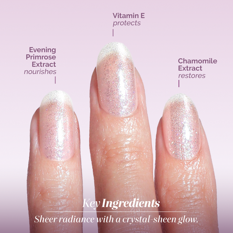 Three fingers showcase LONDONTOWN’s Shimmering Nail Highlighter – Mirror Ball, a sheer, sparkly polish. Labels mention ingredients like evening primrose extract, vitamin E, and chamomile extract—though the product details lack specifics.
