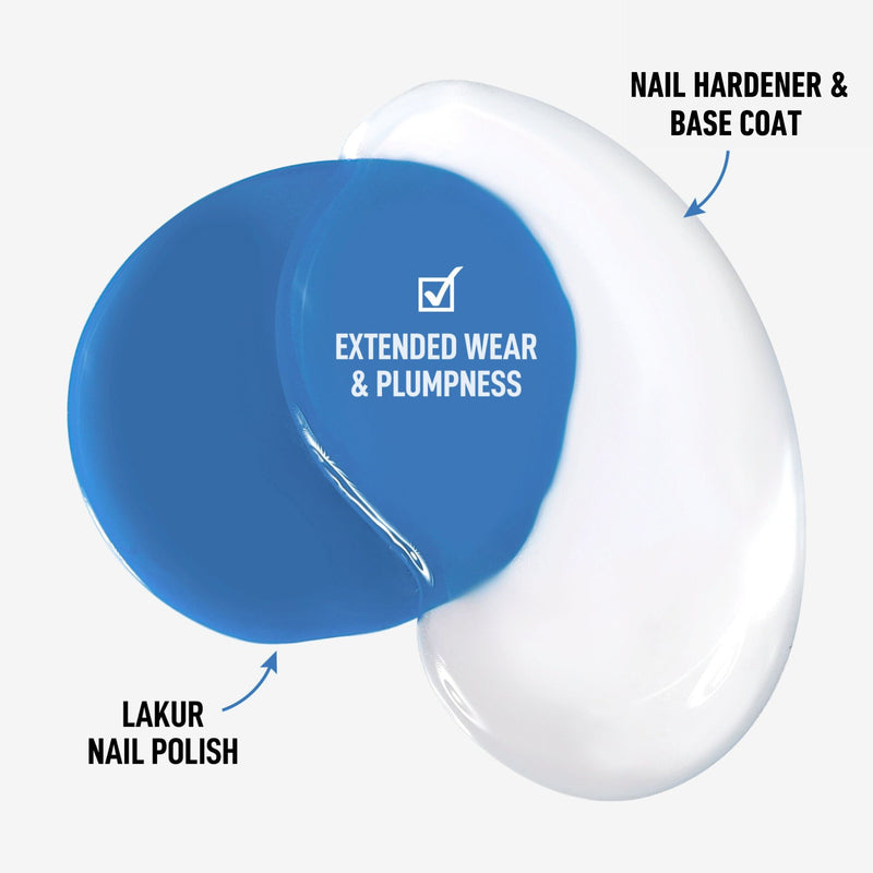 LONDONTOWN's Nail Hardener & Base Coat and Lakur Nail Polish, shown in blue and white swatches, enhance "Extended Wear & Plumpness." This dual-strength product ensures your manicure stays flawless.