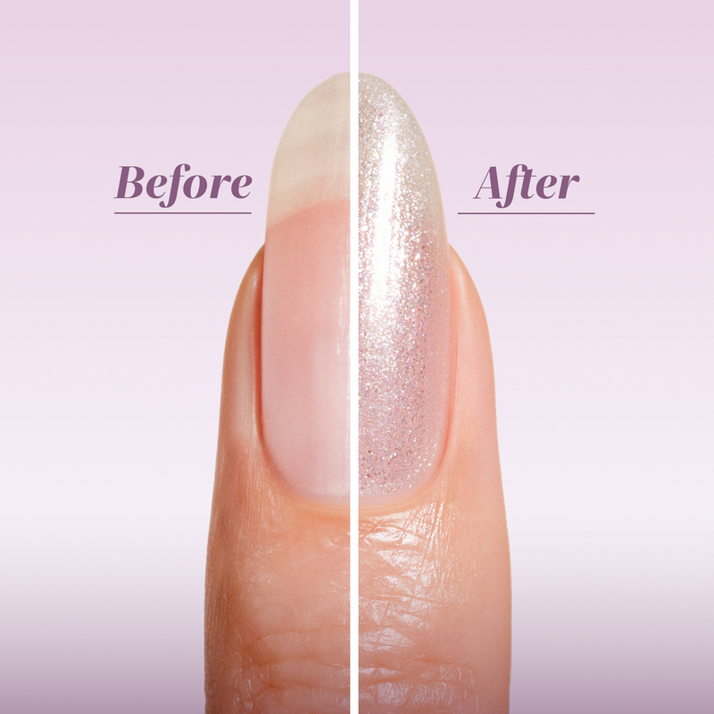 A split image of a fingernail shows the left side natural ("Before") and the right side with LONDONTOWN's Shimmering Nail Highlighter - Mirror Ball, featuring sparkly pink polish ("After").