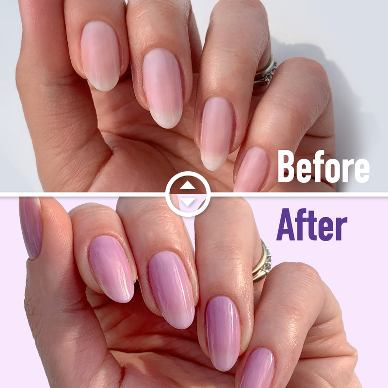 A close-up highlights fingernails before and after using LONDONTOWN's Violet Vibes Trio. Initially unpolished, the nails now shine in glossy pink perfection, all achieved in just 5 minutes.