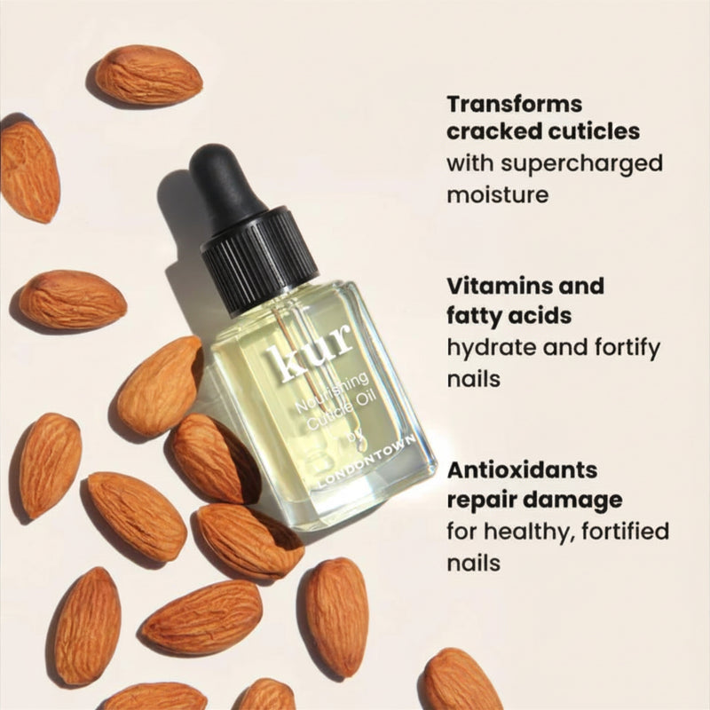 A dropper bottle of LONDONTOWN Nourishing Cuticle Oil is placed among almonds, with text showcasing its moisturizing, hydrating, and antioxidant benefits for nail and cuticle care.
