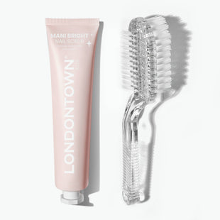 The LONDONTOWN Mani Bright Nail Scrub, paired with a clear double-sided nail brush, provides an effective solution for stained nails.