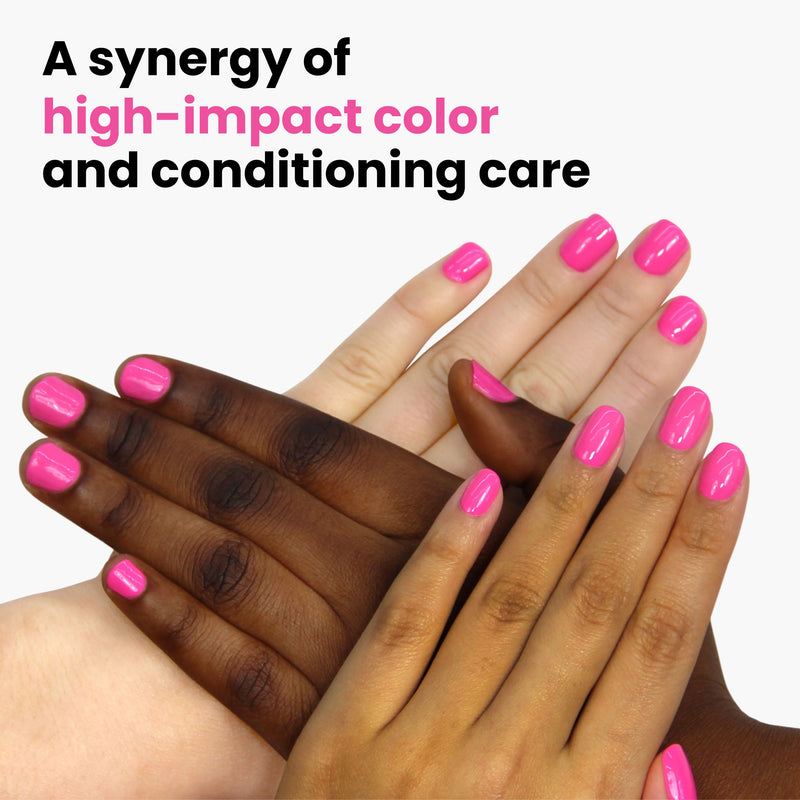 Hands with LONDONTOWN's Berry Punch hot pink nail polish in three skin tones overlap a white background, promoting vibrant color and conditioning care. Discover the beauty of our cruelty-free nail polish collection.