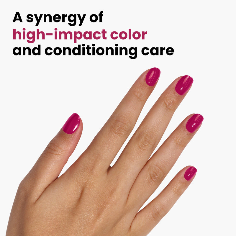 A hand with shiny bright pink nails, set against a white backdrop. Text reads: "Teeny 'Kini by LONDONTOWN—where high-impact sangria color meets nourishing conditioning care.